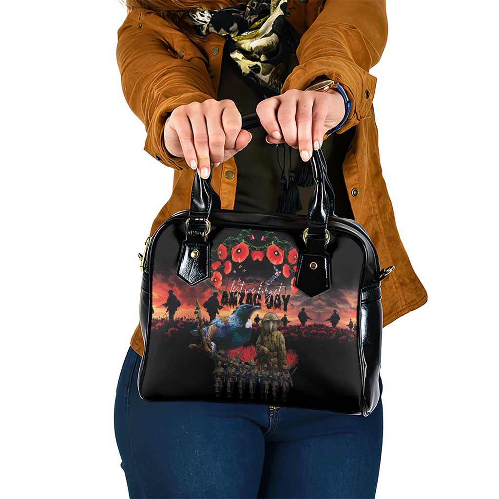 New Zealand ANZAC Day Shoulder Handbag Tui Bird and Kiwi Bird Soldier - Forever in My Thoughts LT03 One Size Black - Polynesian Pride