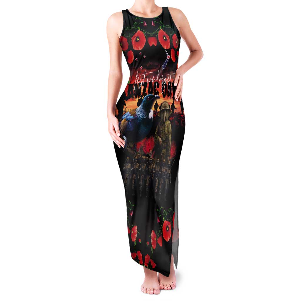 New Zealand ANZAC Day Tank Maxi Dress Tui Bird and Kiwi Bird Soldier - Forever in My Thoughts LT03 Women Black - Polynesian Pride