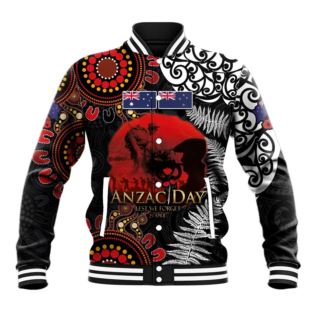 Australia and New Zealand ANZAC Day Baseball Jacket Aboriginal and Maori Art Pattern - Gallipoli Lest We Forget LT03 Unisex Black - Polynesian Pride