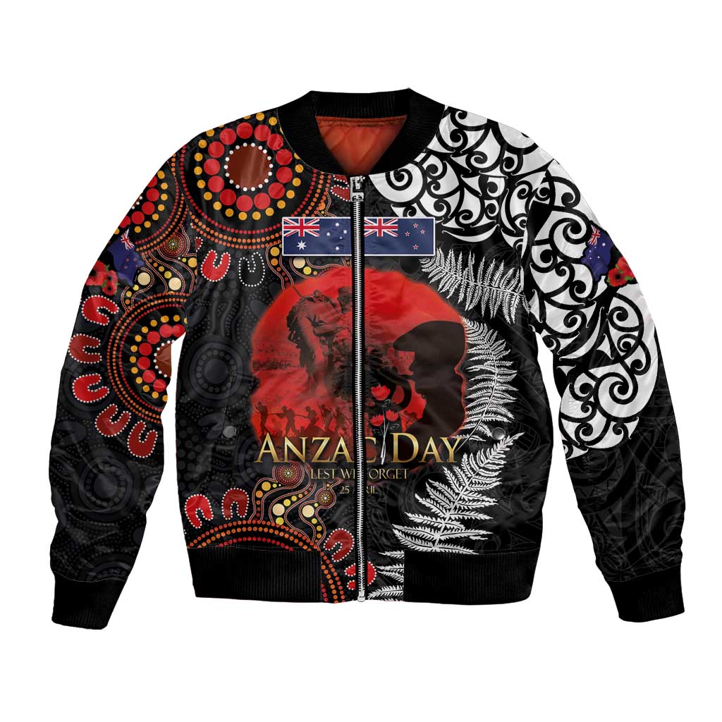 Australia and New Zealand ANZAC Day Bomber Jacket Aboriginal and Maori Art Pattern - Gallipoli Lest We Forget LT03 Unisex Black - Polynesian Pride