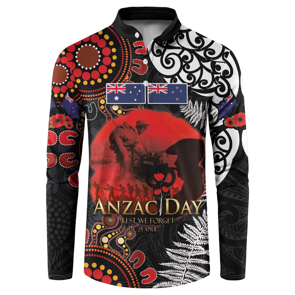 Australia and New Zealand ANZAC Day Button Sweatshirt Aboriginal and Maori Art Pattern - Gallipoli Lest We Forget LT03 Black - Polynesian Pride