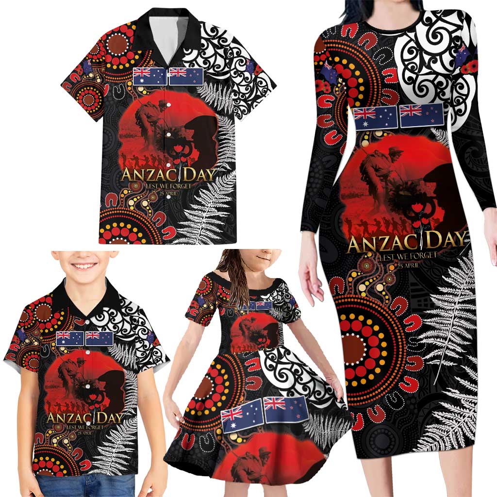 Australia and New Zealand ANZAC Day Family Matching Long Sleeve Bodycon Dress and Hawaiian Shirt Aboriginal and Maori Art Pattern - Gallipoli Lest We Forget