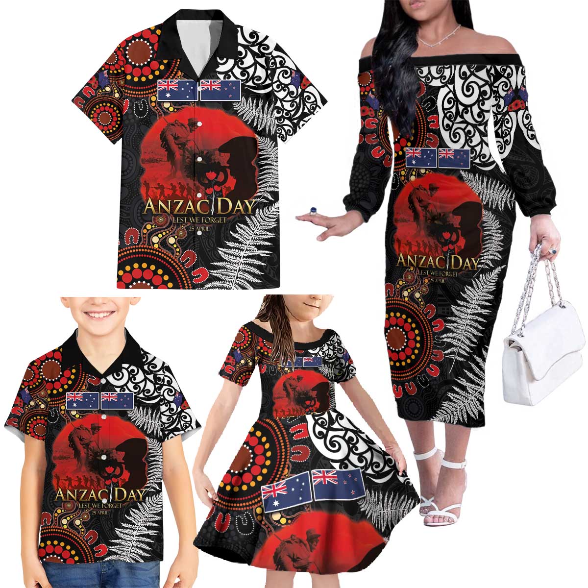 Australia and New Zealand ANZAC Day Family Matching Off The Shoulder Long Sleeve Dress and Hawaiian Shirt Aboriginal and Maori Art Pattern - Gallipoli Lest We Forget