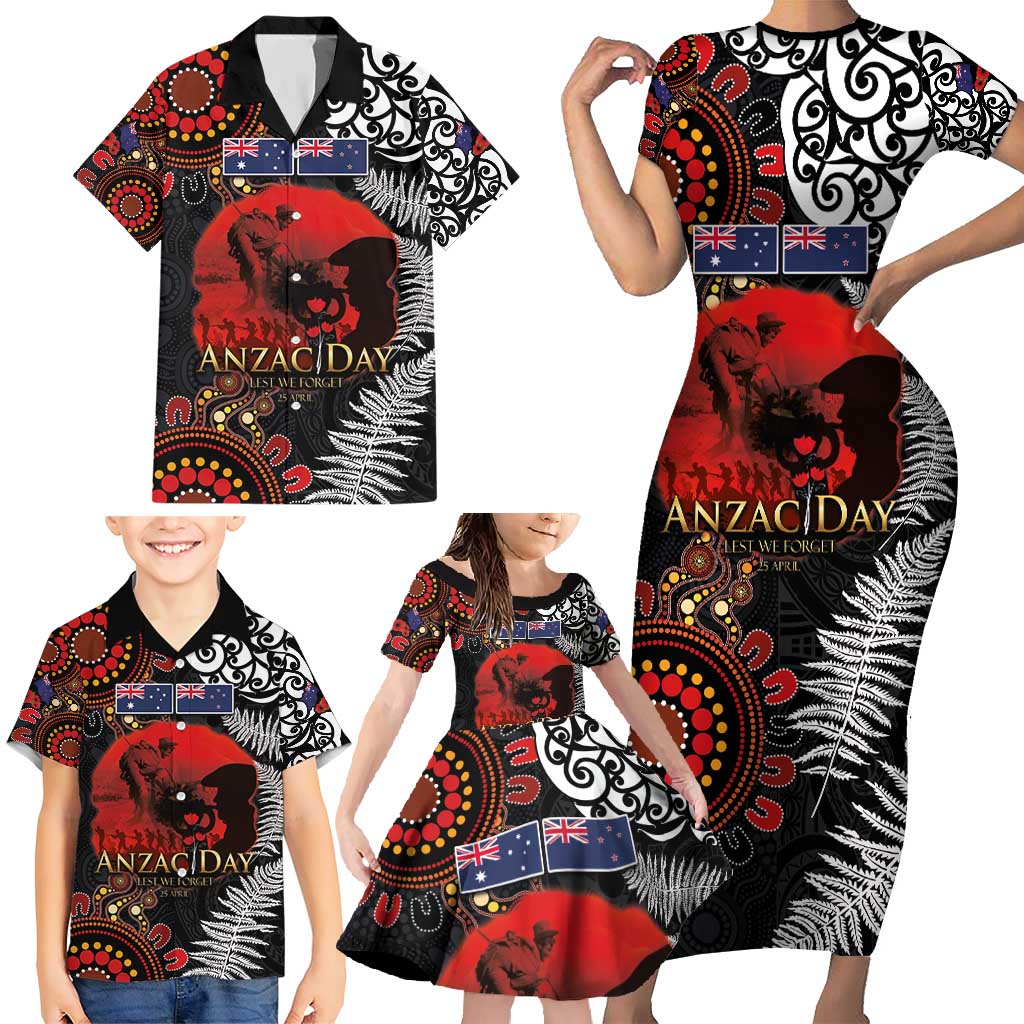 Australia and New Zealand ANZAC Day Family Matching Short Sleeve Bodycon Dress and Hawaiian Shirt Aboriginal and Maori Art Pattern - Gallipoli Lest We Forget