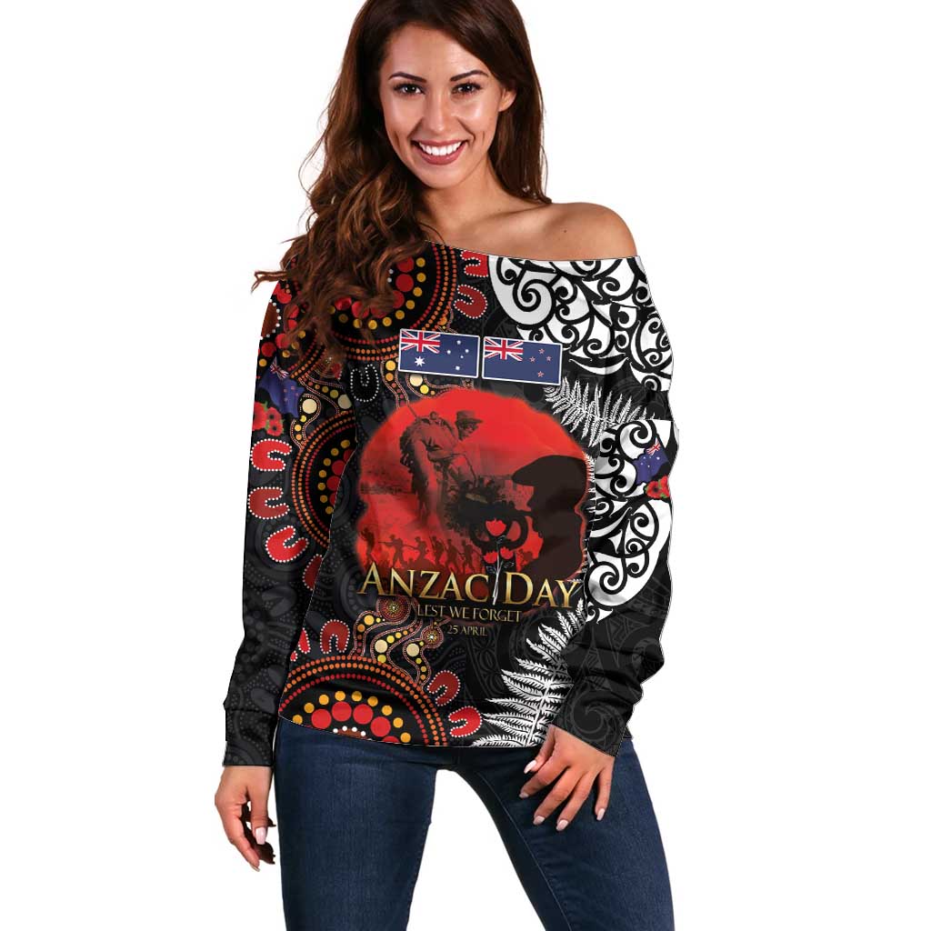 Australia and New Zealand ANZAC Day Off Shoulder Sweater Aboriginal and Maori Art Pattern - Gallipoli Lest We Forget LT03 Women Black - Polynesian Pride