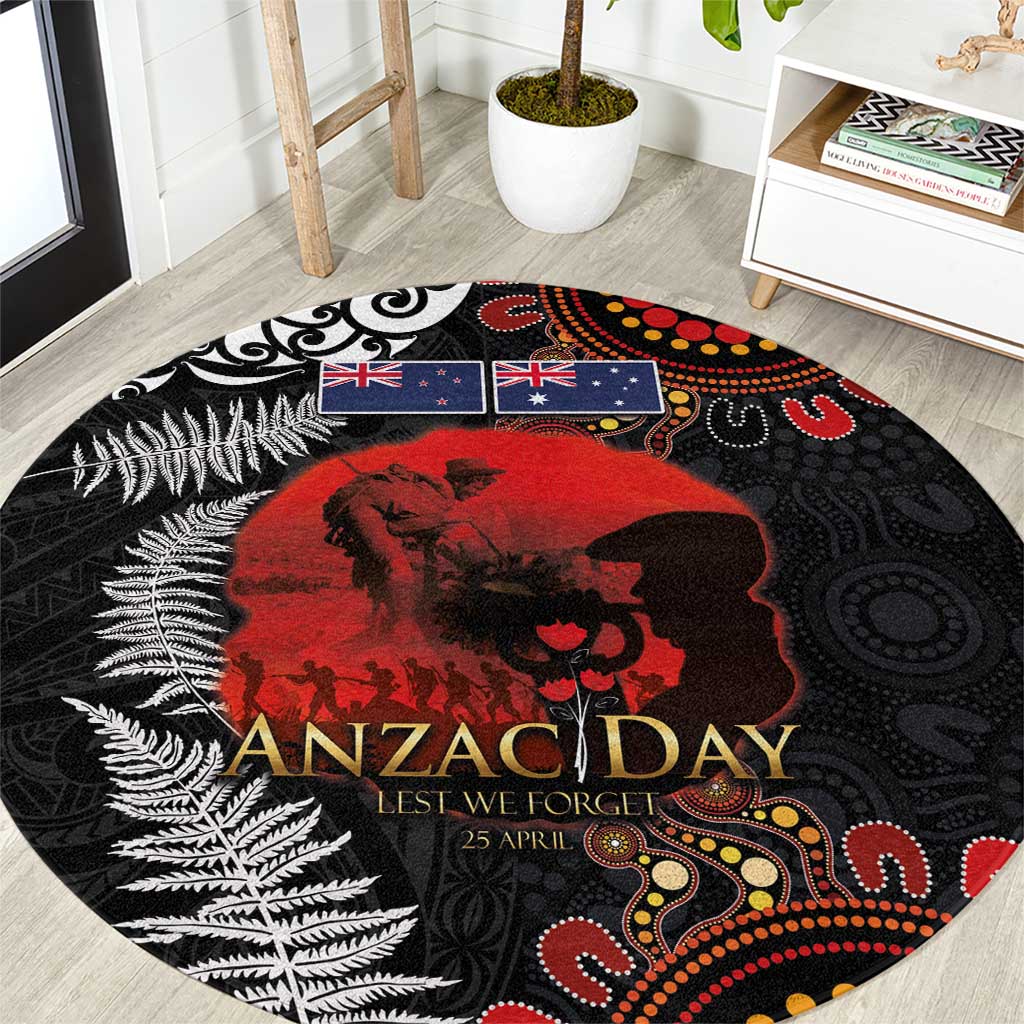 Australia and New Zealand ANZAC Day Round Carpet Aboriginal and Maori Art Pattern - Gallipoli Lest We Forget LT03 Black - Polynesian Pride