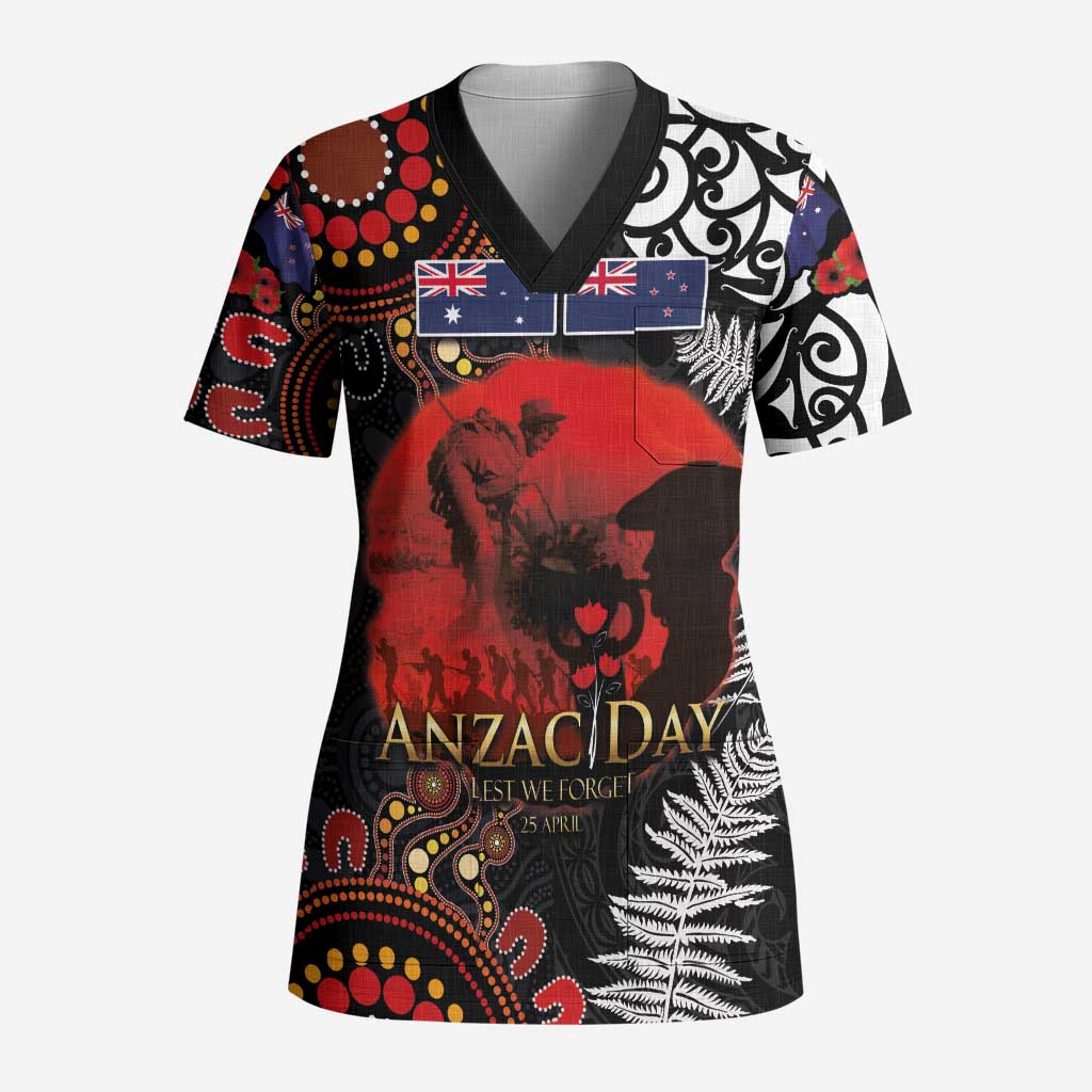 Australia and New Zealand ANZAC Day Scrub Top Aboriginal and Maori Art Pattern - Gallipoli Lest We Forget LT03 Adult Black - Polynesian Pride