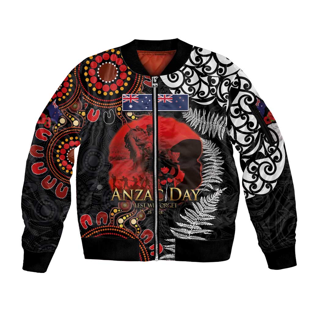 Australia and New Zealand ANZAC Day Sleeve Zip Bomber Jacket Aboriginal and Maori Art Pattern - Gallipoli Lest We Forget LT03 Unisex Black - Polynesian Pride