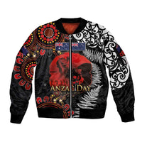 Australia and New Zealand ANZAC Day Sleeve Zip Bomber Jacket Aboriginal and Maori Art Pattern - Gallipoli Lest We Forget LT03 Unisex Black - Polynesian Pride