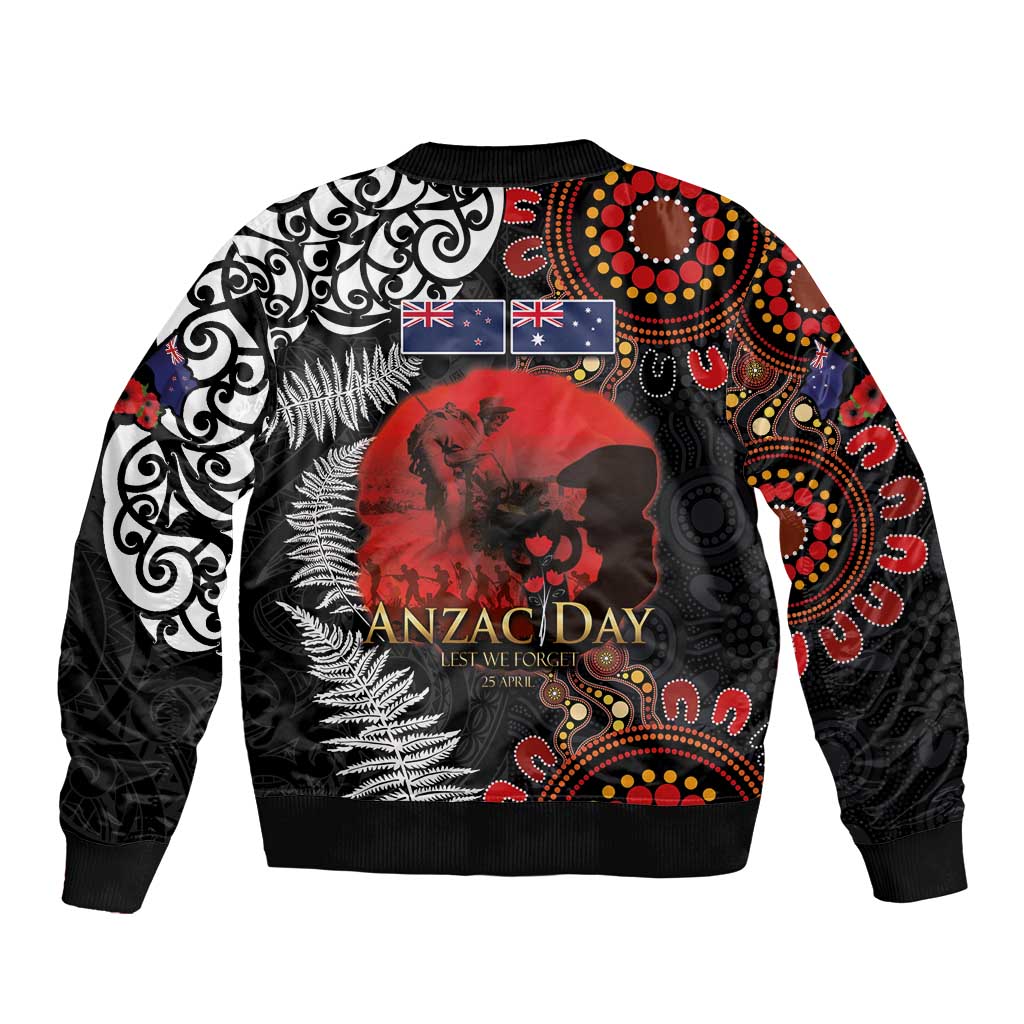 Australia and New Zealand ANZAC Day Sleeve Zip Bomber Jacket Aboriginal and Maori Art Pattern - Gallipoli Lest We Forget LT03 - Polynesian Pride