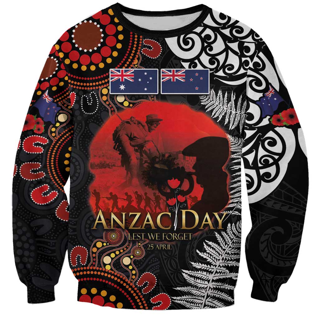 Australia and New Zealand ANZAC Day Sweatshirt Aboriginal and Maori Art Pattern - Gallipoli Lest We Forget LT03 Unisex Black - Polynesian Pride