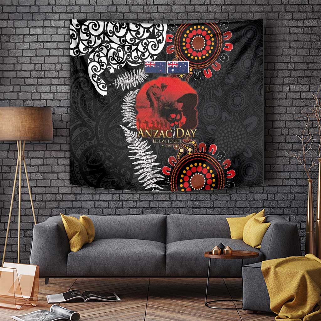 Australia and New Zealand ANZAC Day Tapestry Aboriginal and Maori Art Pattern - Gallipoli Lest We Forget LT03 Black - Polynesian Pride
