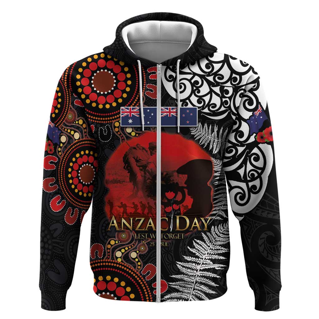 Australia and New Zealand ANZAC Day Zip Hoodie Aboriginal and Maori Art Pattern - Gallipoli Lest We Forget LT03 Zip Hoodie Black - Polynesian Pride