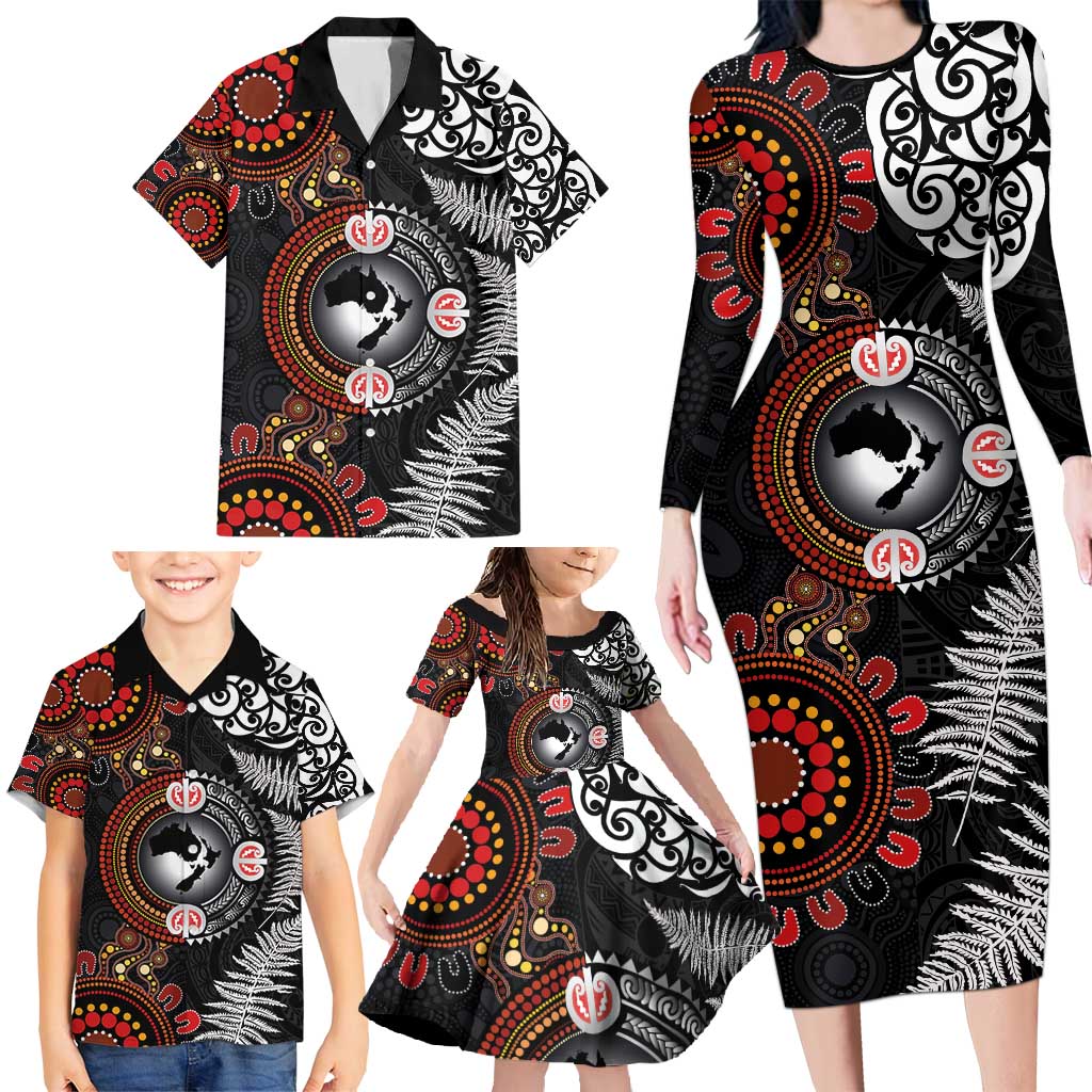 Australia and New Zealand Together Family Matching Long Sleeve Bodycon Dress and Hawaiian Shirt Aboriginal and Maori Art Tattoo