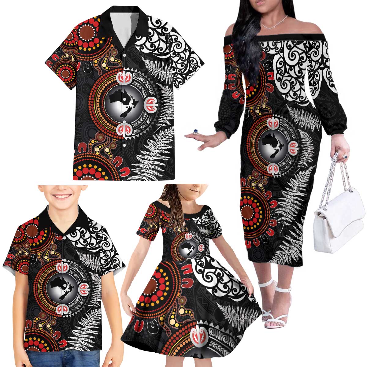 Australia and New Zealand Together Family Matching Off The Shoulder Long Sleeve Dress and Hawaiian Shirt Aboriginal and Maori Art Tattoo