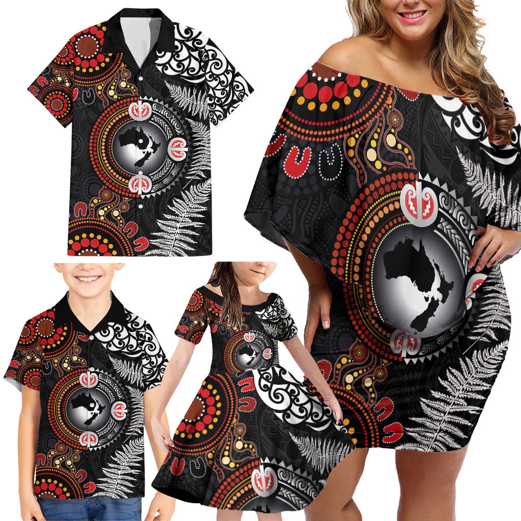 Australia and New Zealand Together Family Matching Off Shoulder Short Dress and Hawaiian Shirt Aboriginal and Maori Art Tattoo