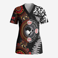 Australia and New Zealand Together Scrub Top Aboriginal and Maori Art Tattoo LT03 Adult Black - Polynesian Pride