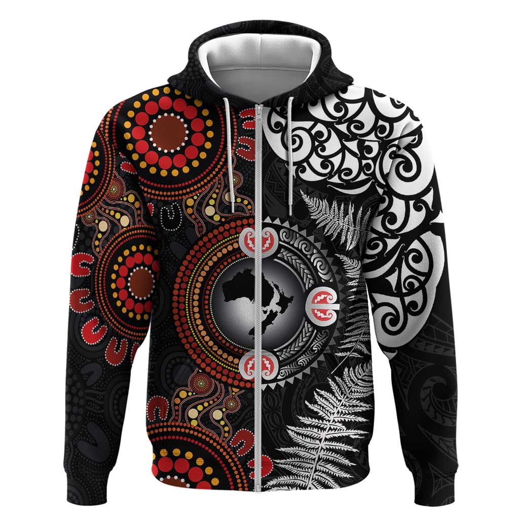 Australia and New Zealand Together Zip Hoodie Aboriginal and Maori Art Tattoo LT03 Zip Hoodie Black - Polynesian Pride