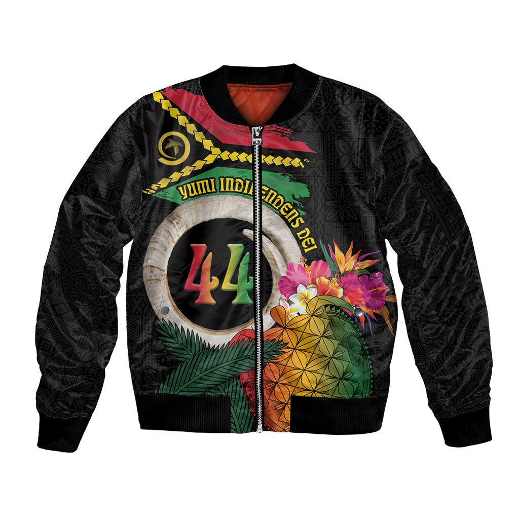 Vanuatu Selebretem 44th Indipendens Dei Sleeve Zip Bomber Jacket Sand Drawing Turtle Melanesian Vibes LT03 Unisex Black - Polynesian Pride