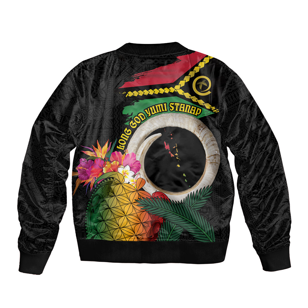 Vanuatu Selebretem 44th Indipendens Dei Sleeve Zip Bomber Jacket Sand Drawing Turtle Melanesian Vibes LT03 - Polynesian Pride