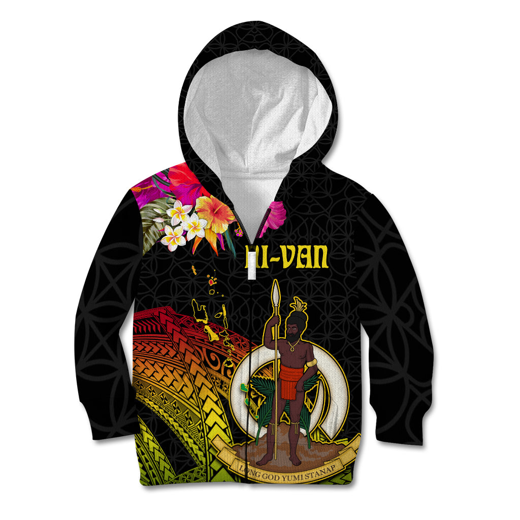 Vanuatu Ni-Van Kid Hoodie Coat of Arms Sand Drawing LT03 Zip Hoodie Black - Polynesian Pride