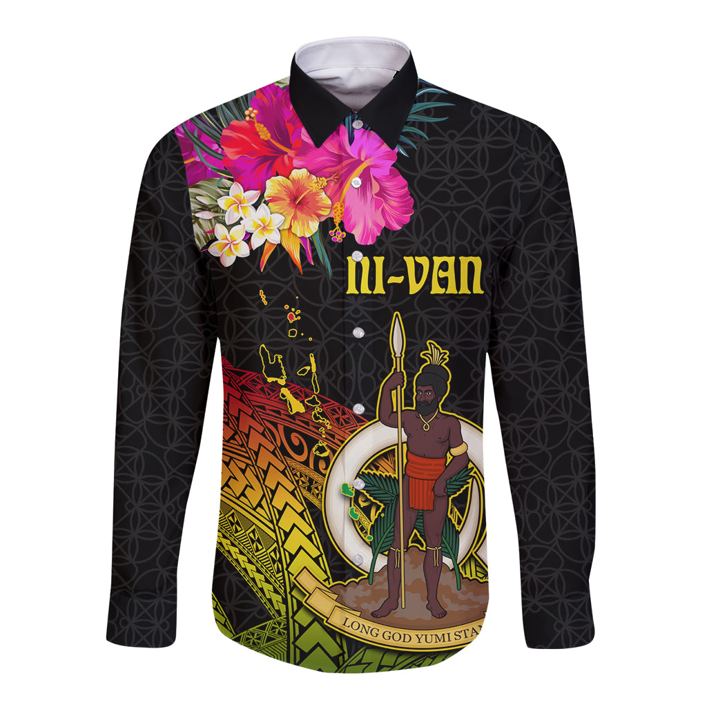 Vanuatu Ni-Van Long Sleeve Button Shirt Coat of Arms Sand Drawing LT03 Unisex Black - Polynesian Pride