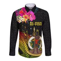 Vanuatu Ni-Van Long Sleeve Button Shirt Coat of Arms Sand Drawing LT03 Unisex Black - Polynesian Pride