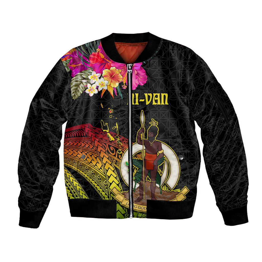 Vanuatu Ni-Van Sleeve Zip Bomber Jacket Coat of Arms Sand Drawing LT03 Unisex Black - Polynesian Pride