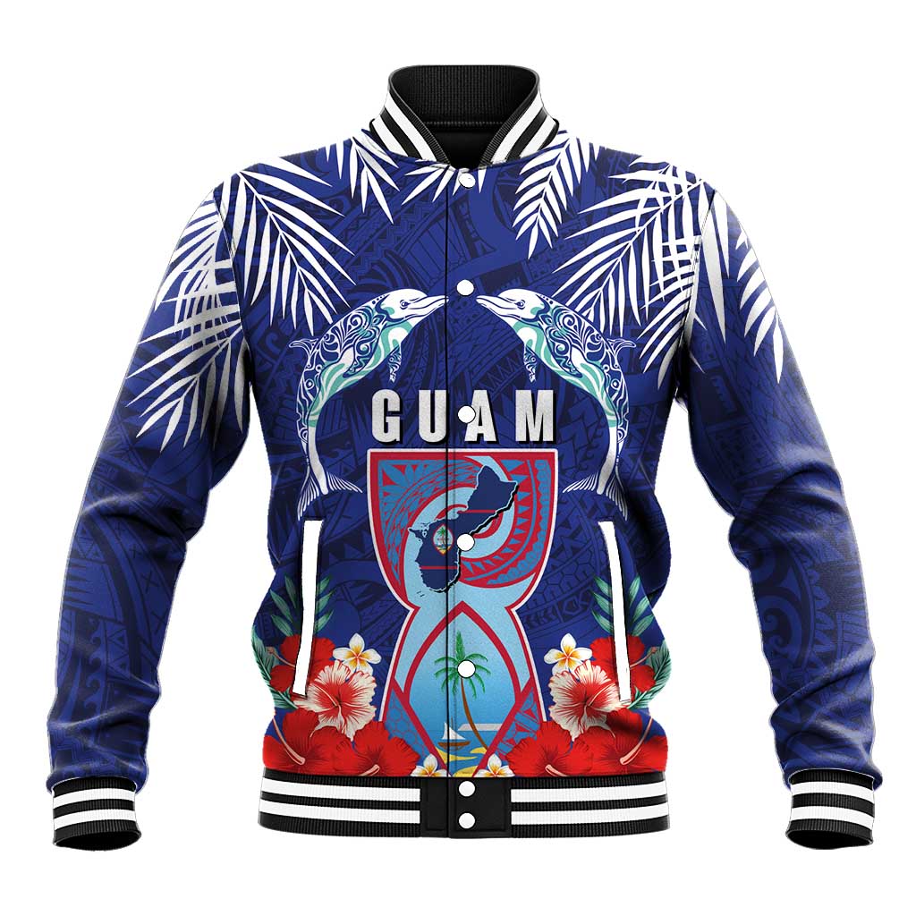 Guam Liberation Day Baseball Jacket The Tribal Latte Stone and Dolphins with Hibiscus Chamorro Culture LT03 Unisex Blue - Polynesian Pride