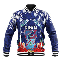 Guam Liberation Day Baseball Jacket The Tribal Latte Stone and Dolphins with Hibiscus Chamorro Culture LT03 Unisex Blue - Polynesian Pride