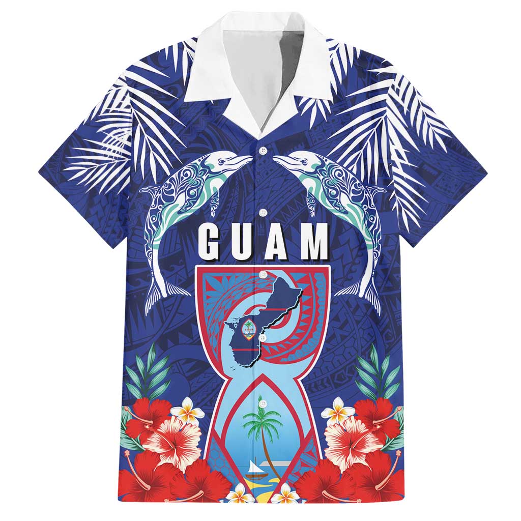 Guam Liberation Day Hawaiian Shirt The Tribal Latte Stone and Dolphins with Hibiscus Chamorro Culture LT03 Blue - Polynesian Pride