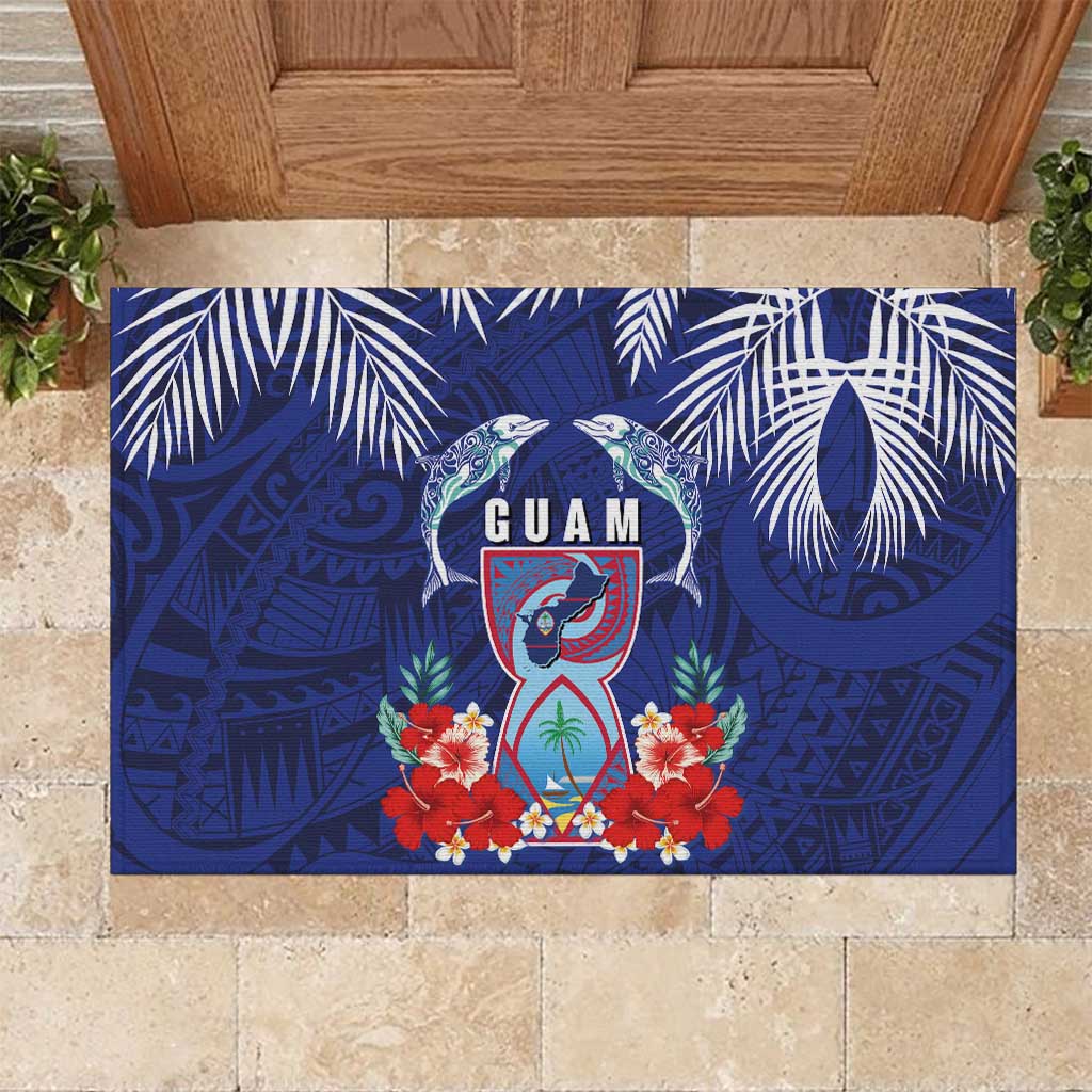 Guam Liberation Day Rubber Doormat The Tribal Latte Stone and Dolphins with Hibiscus Chamorro Culture LT03 Blue - Polynesian Pride