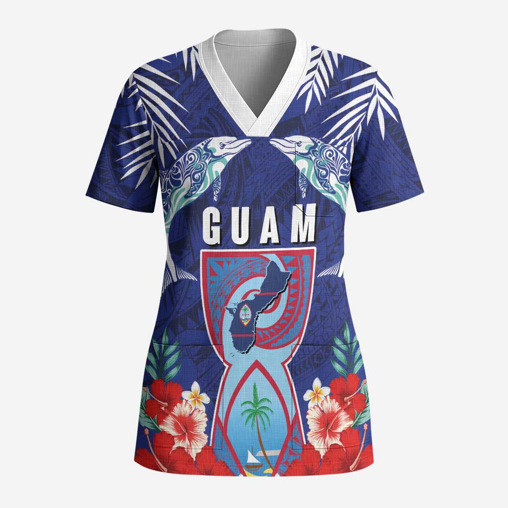 Guam Liberation Day Scrub Top The Tribal Latte Stone and Dolphins with Hibiscus Chamorro Culture LT03 Adult Blue - Polynesian Pride