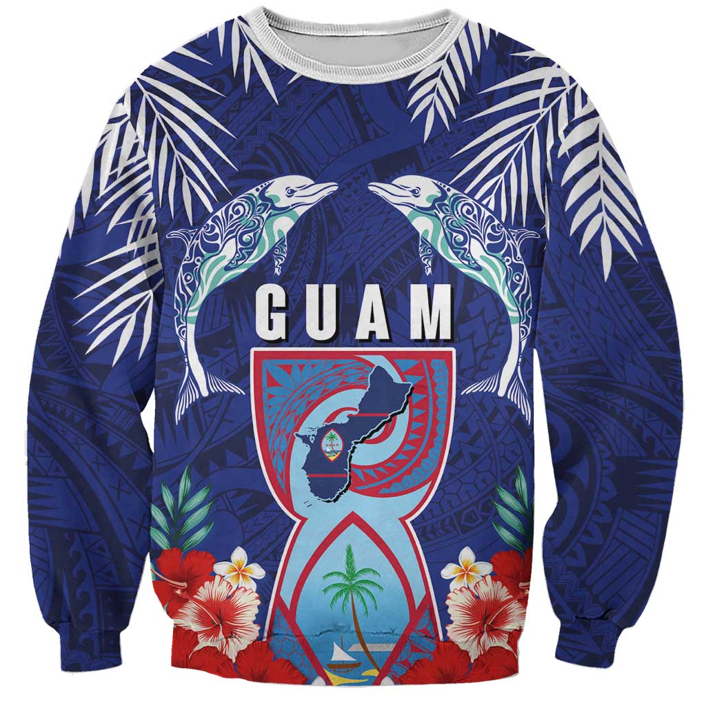 Guam Liberation Day Sweatshirt The Tribal Latte Stone and Dolphins with Hibiscus Chamorro Culture LT03 Unisex Blue - Polynesian Pride
