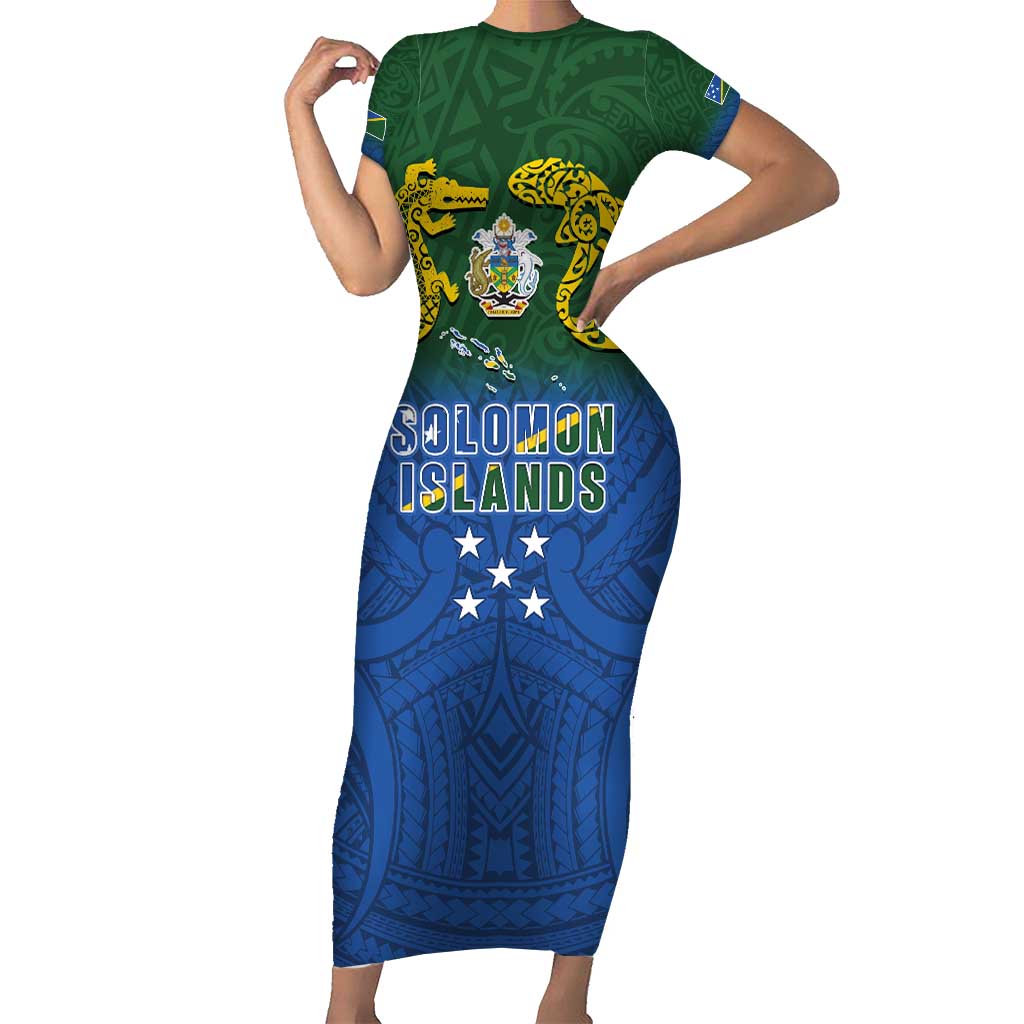 Solomon Islands Short Sleeve Bodycon Dress The Guardians-Tribal Crocodile and Shark Melanesian Tattoo LT03 Long Dress Green - Polynesian Pride