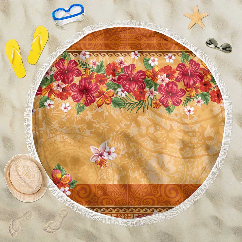 Hawaii Hibiscus Beach Blanket Turtles and Tribal Motifs Vintage Floral Style LT03 One Size 150cm Yellow - Polynesian Pride