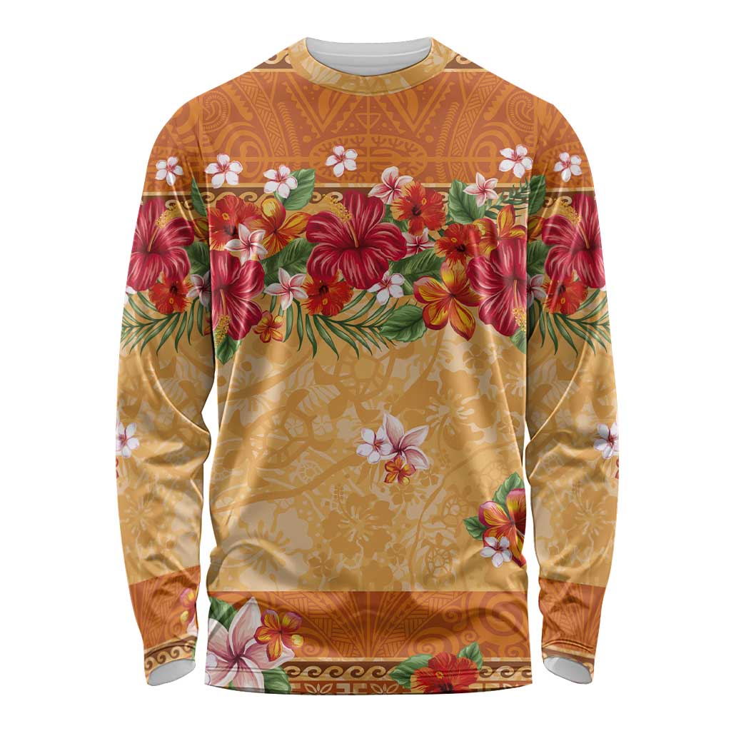 Hawaii Hibiscus Long Sleeve Shirt Turtles and Tribal Motifs Vintage Floral Style LT03 Unisex Yellow - Polynesian Pride