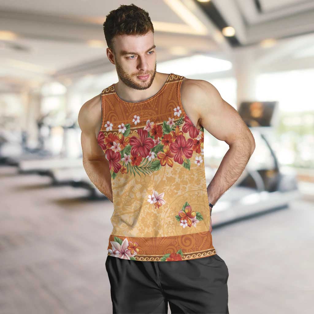 Hawaii Hibiscus Men Tank Top Turtles and Tribal Motifs Vintage Floral Style LT03 Yellow - Polynesian Pride