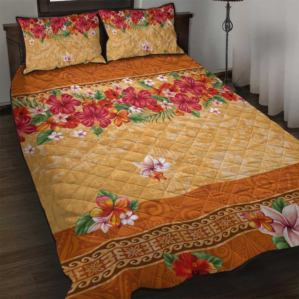 Hawaii Hibiscus Quilt Bed Set Turtles and Tribal Motifs Vintage Floral Style LT03 Yellow - Polynesian Pride
