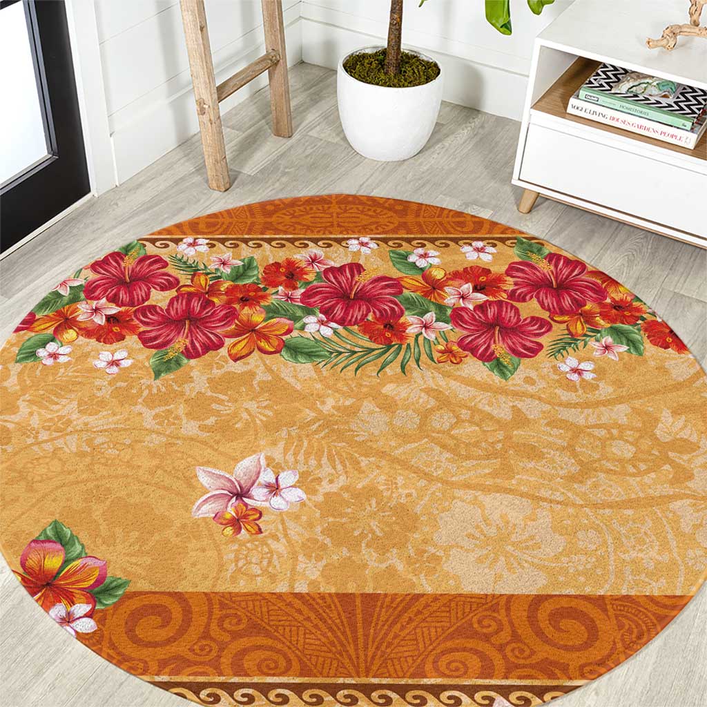 Hawaii Hibiscus Round Carpet Turtles and Tribal Motifs Vintage Floral Style LT03 Yellow - Polynesian Pride