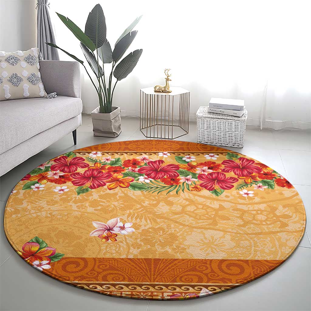 Hawaii Hibiscus Round Carpet Turtles and Tribal Motifs Vintage Floral Style LT03 - Polynesian Pride