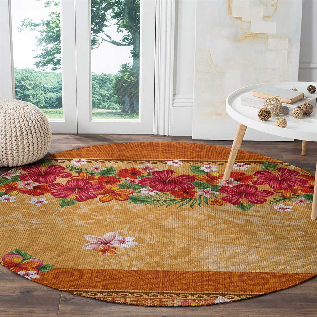Hawaii Hibiscus Round Carpet Turtles and Tribal Motifs Vintage Floral Style LT03 - Polynesian Pride