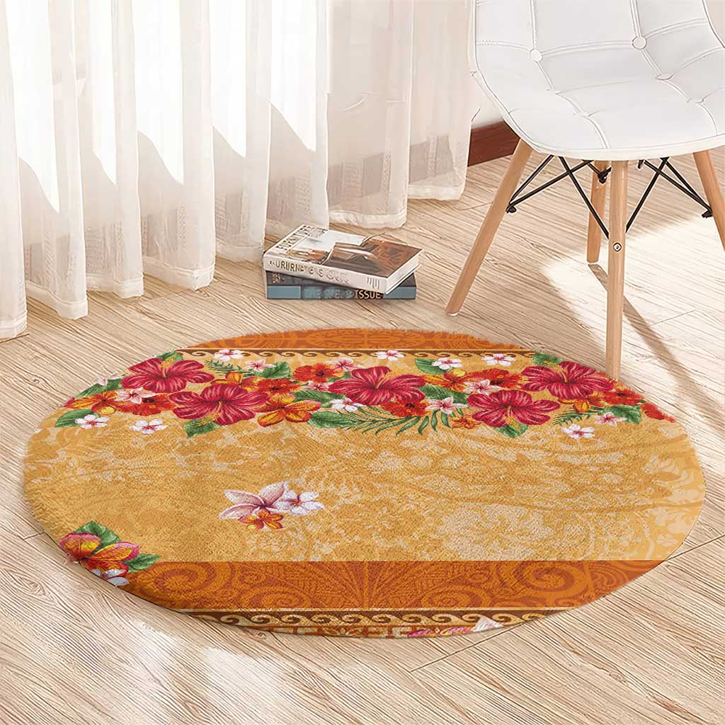Hawaii Hibiscus Round Carpet Turtles and Tribal Motifs Vintage Floral Style LT03 - Polynesian Pride