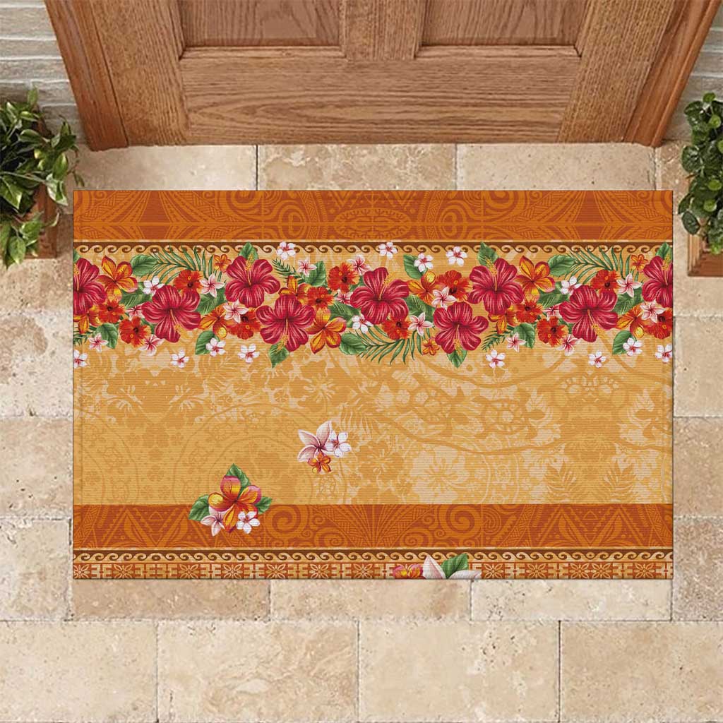 Hawaii Hibiscus Rubber Doormat Turtles and Tribal Motifs Vintage Floral Style LT03 Yellow - Polynesian Pride