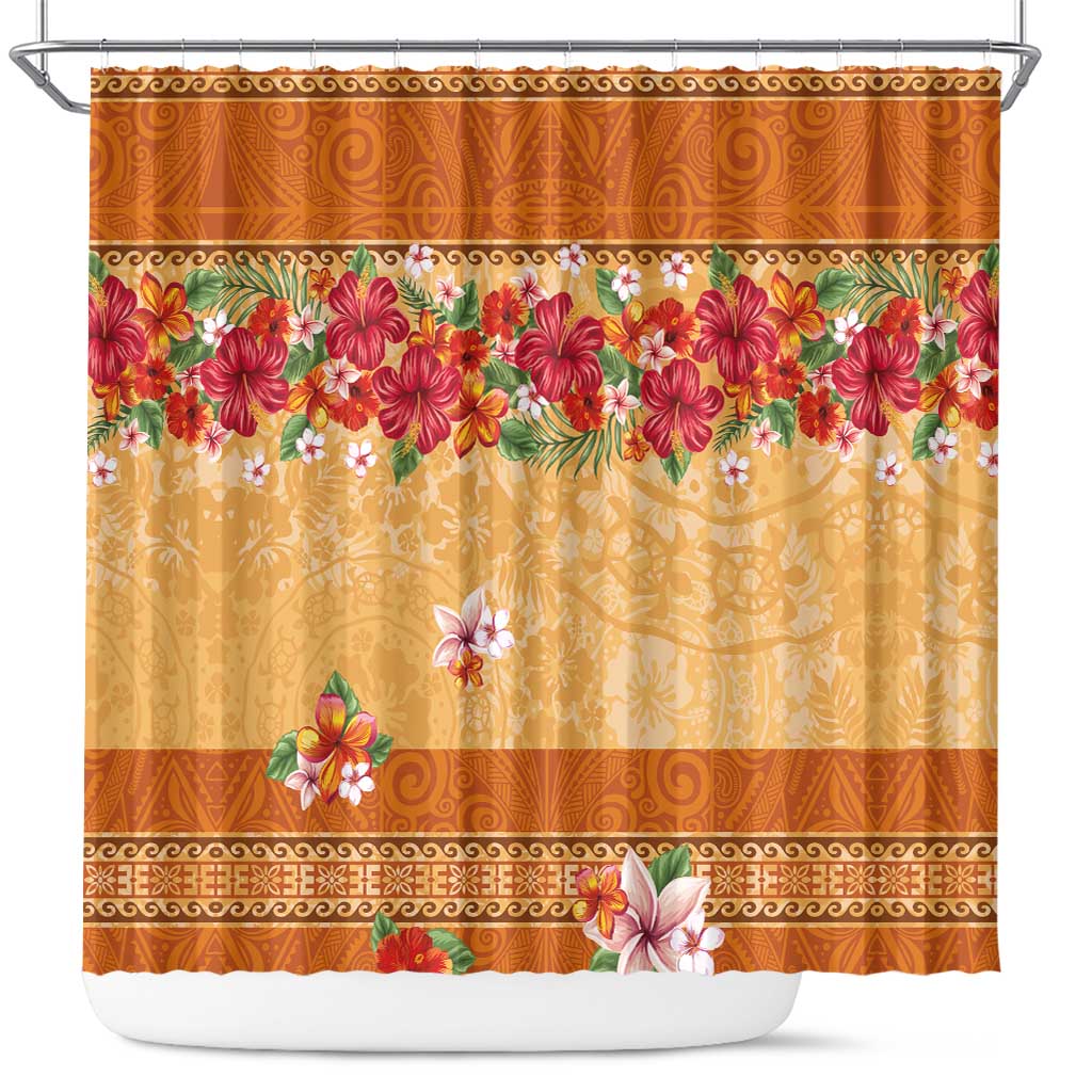 Hawaii Hibiscus Shower Curtain Turtles and Tribal Motifs Vintage Floral Style