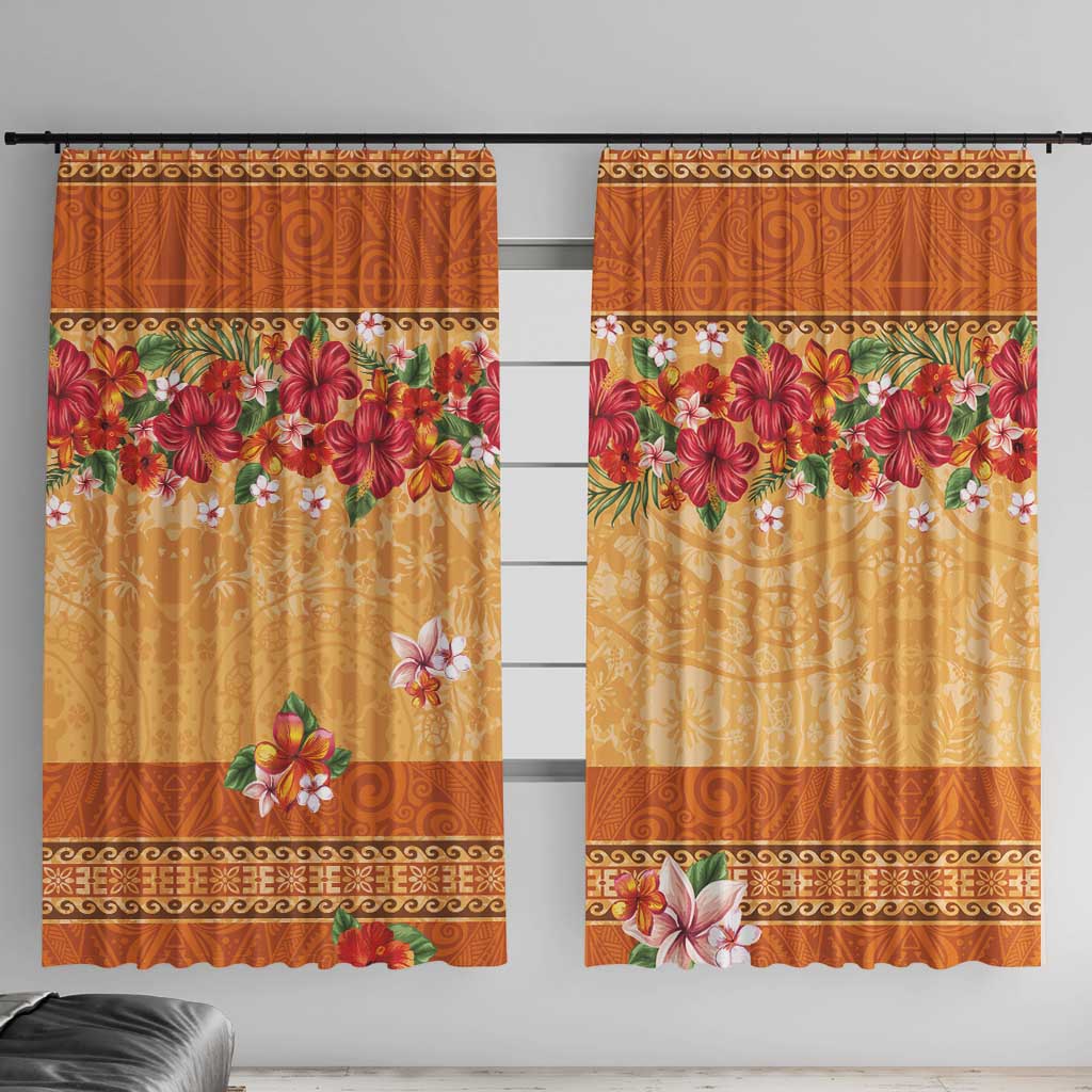 Hawaii Hibiscus Window Curtain Turtles and Tribal Motifs Vintage Floral Style LT03 With Hooks Yellow - Polynesian Pride