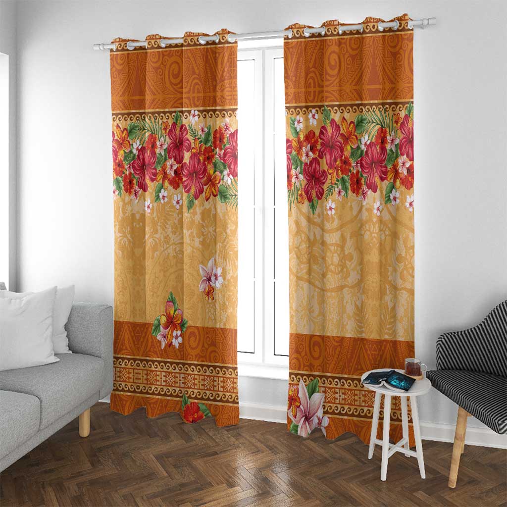 Hawaii Hibiscus Window Curtain Turtles and Tribal Motifs Vintage Floral Style LT03 With Grommets Yellow - Polynesian Pride