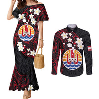 French Polynesia Tiare Day Couples Matching Mermaid Dress and Long Sleeve Button Shirt Seal and Polynesian Pattern LT03 Black - Polynesian Pride