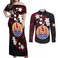 French Polynesia Tiare Day Couples Matching Off Shoulder Maxi Dress and Long Sleeve Button Shirt Seal and Polynesian Pattern LT03 Black - Polynesian Pride