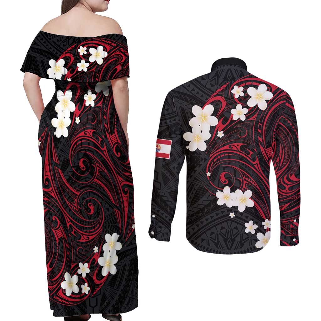 French Polynesia Tiare Day Couples Matching Off Shoulder Maxi Dress and Long Sleeve Button Shirt Seal and Polynesian Pattern LT03 - Polynesian Pride